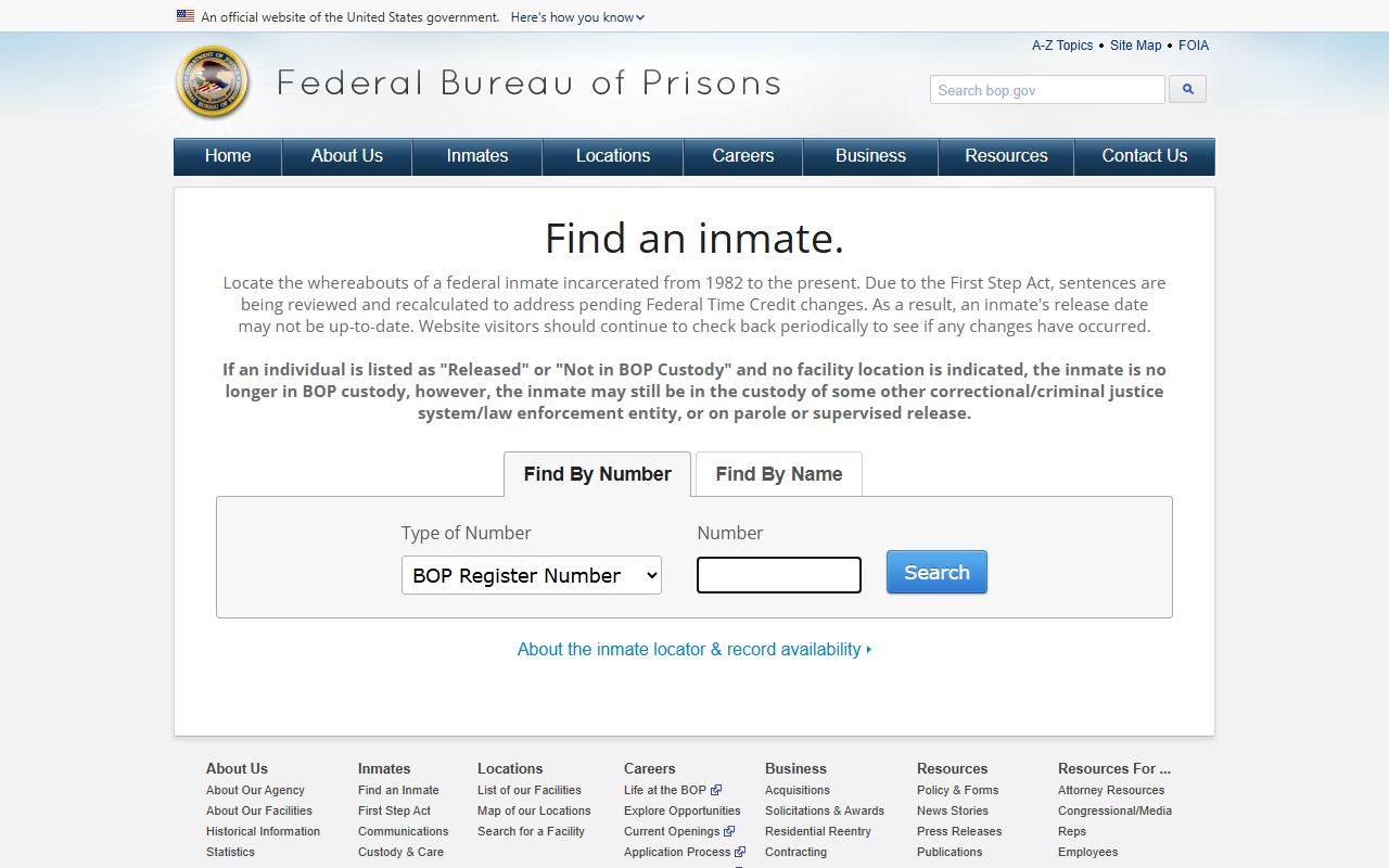 Federal Bureau of Prisons inmate locator, which does not publish county-style booking photos