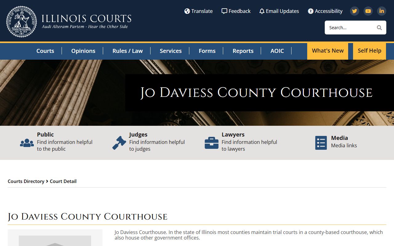 Illinois Courts page for the Jo Daviess County Courthouse where court records after an arrest are filed