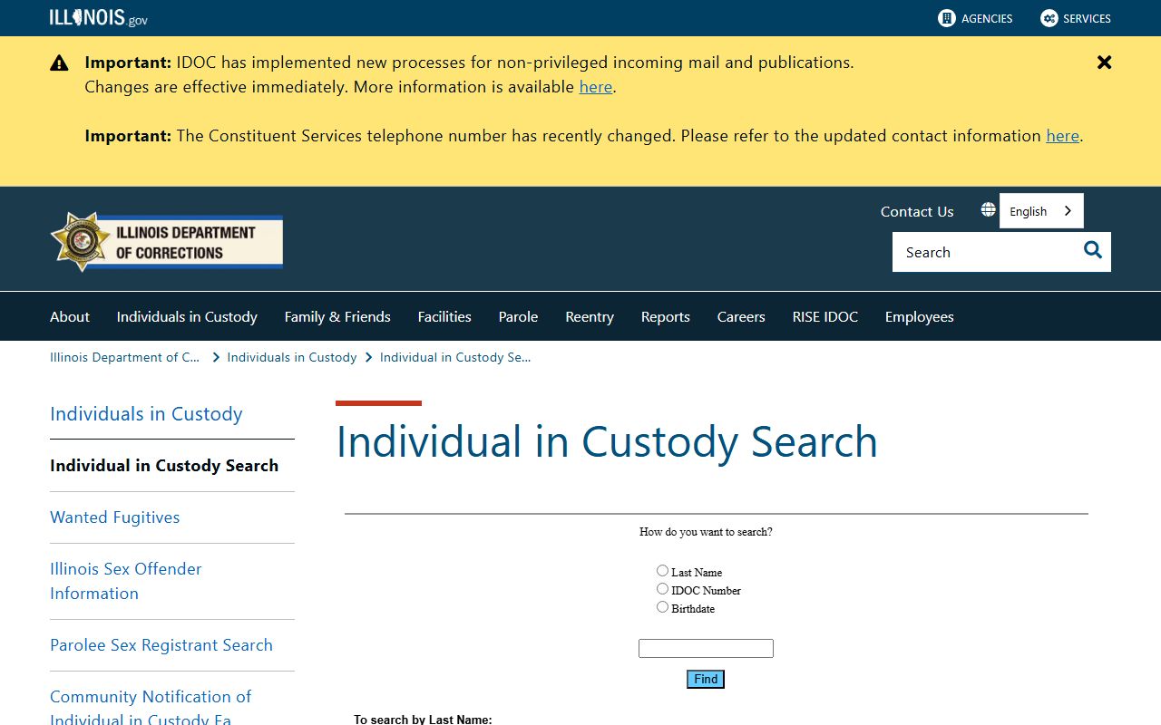 Illinois IDOC Individual in Custody Search page for sentenced state inmate records