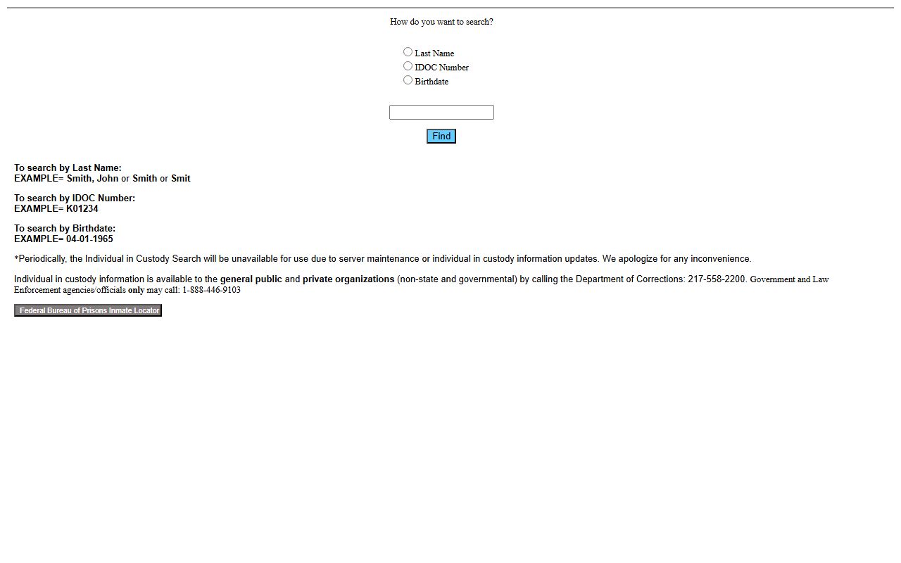 Illinois IDOC inmate search form with last name, IDOC number, and birthdate options