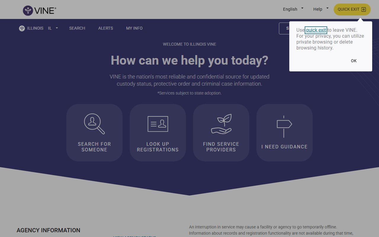 Illinois VINE portal for custody and court notifications tied to inmate records