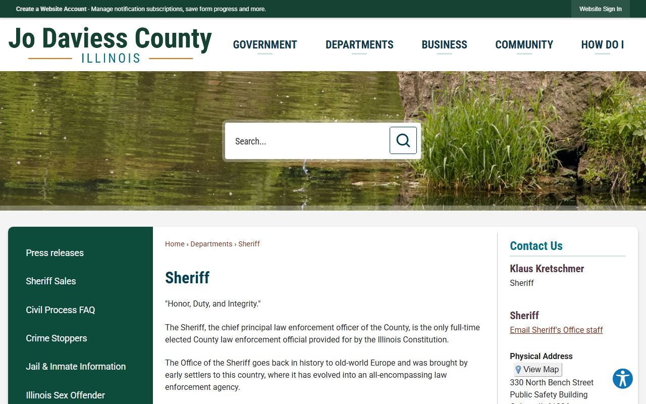 Jo Daviess County Sheriff's Office page listing the county jail capacity for the inmate population