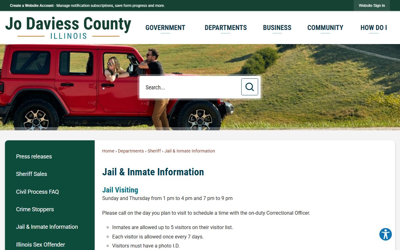 Jo Daviess County Jail and inmate information page showing visitation, mail, and deposit services