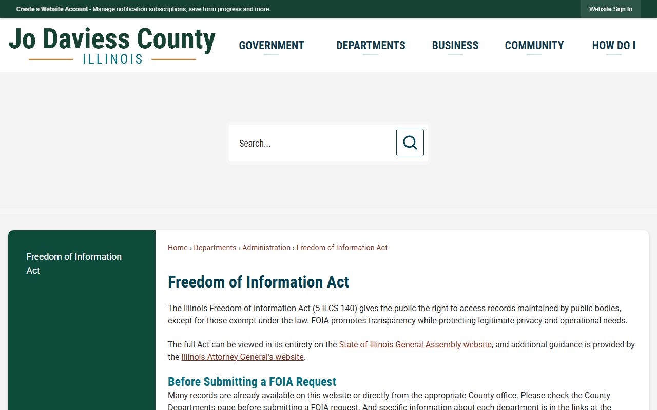 Jo Daviess County FOIA page used to request a jail booking photo