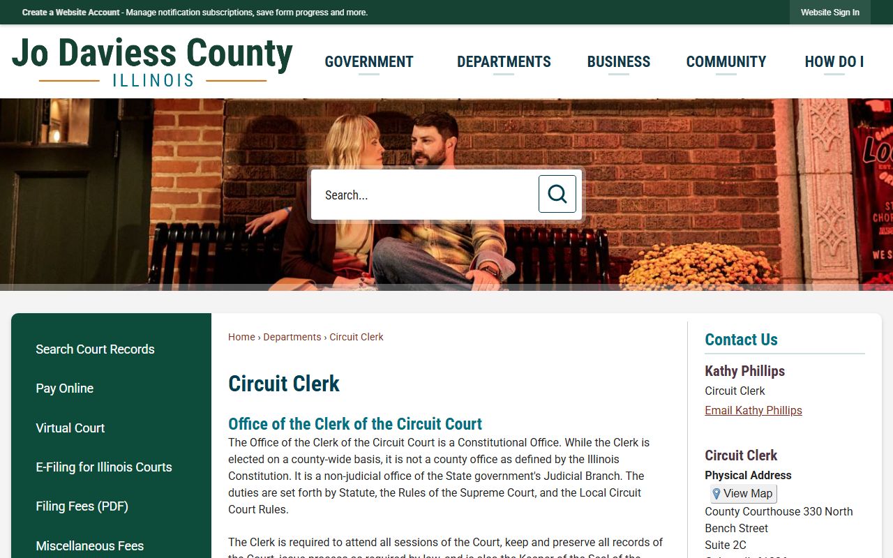 Jo Daviess County Circuit Clerk page with court records and virtual court links after an arrest