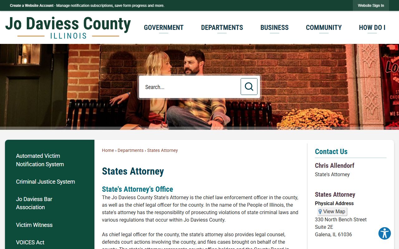 Jo Daviess County State's Attorney page showing the office that files charges in court records after an arrest
